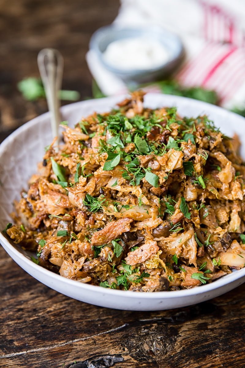 Braised Savoy Cabbage with Bacon, Mushrooms and Sour Cream